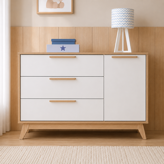 Cômoda Infantil Petit 3 gavetas e 1 porta Branco com Carvalho
