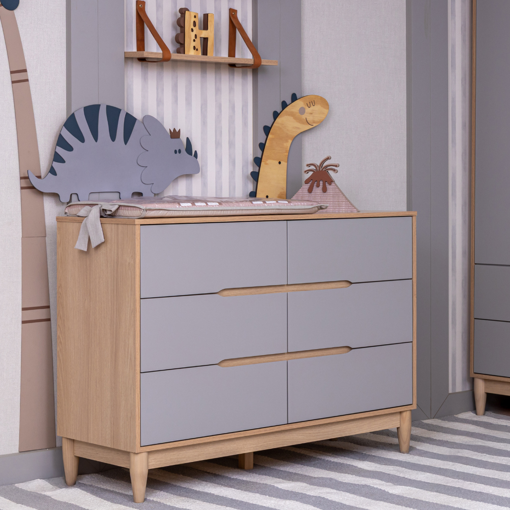 Quarto Completo Berço Cômoda e Guarda Roupa | Cinza com Carvalho Malva