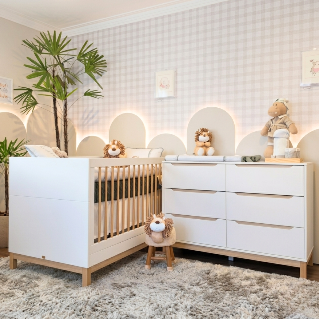 Berço Americano e Cômoda Grande 6 Gavetas Linha Cozy.
