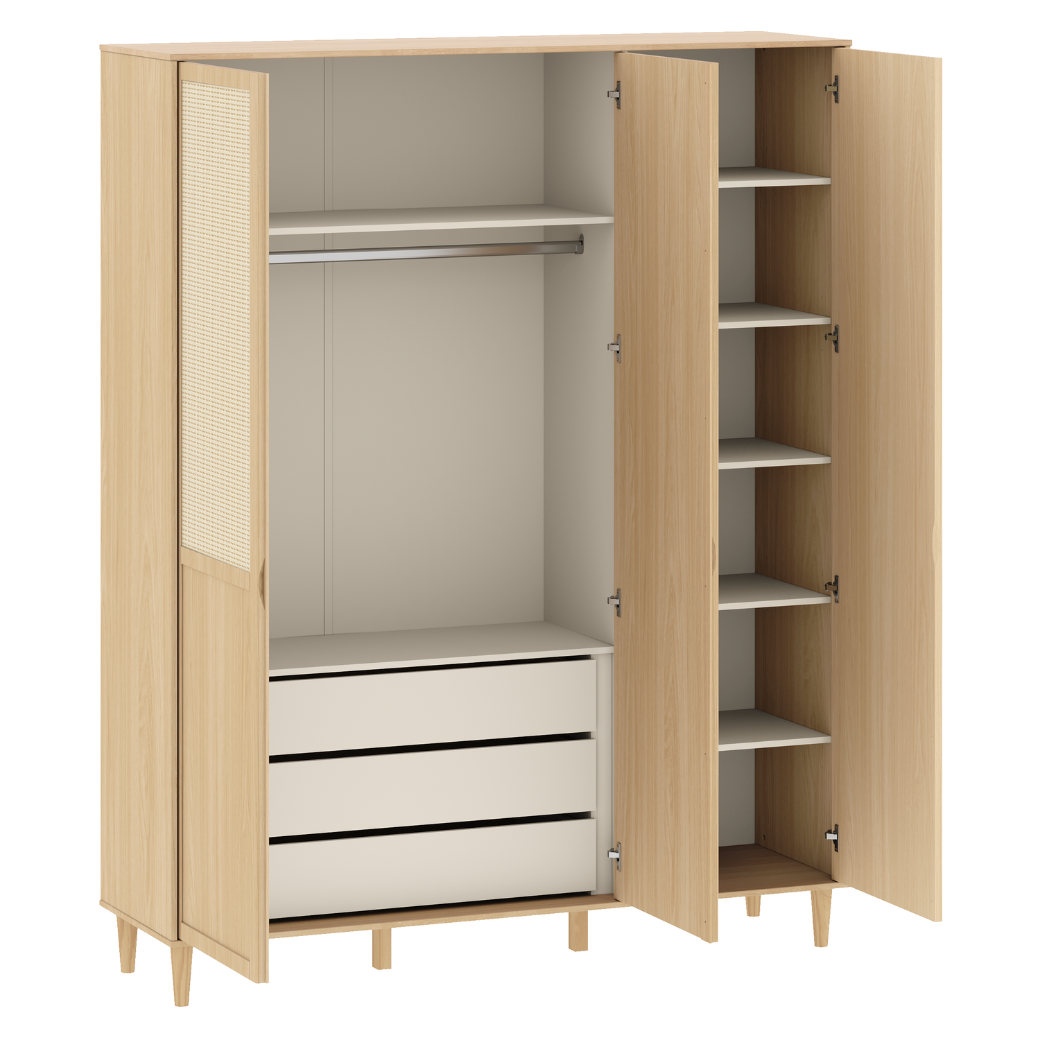 Conjunto Linha Paglia – Berço 2 em 1 em Madeira Pinus, Cômoda MDF com Palhinha e Guarda-Roupa 3 Portas