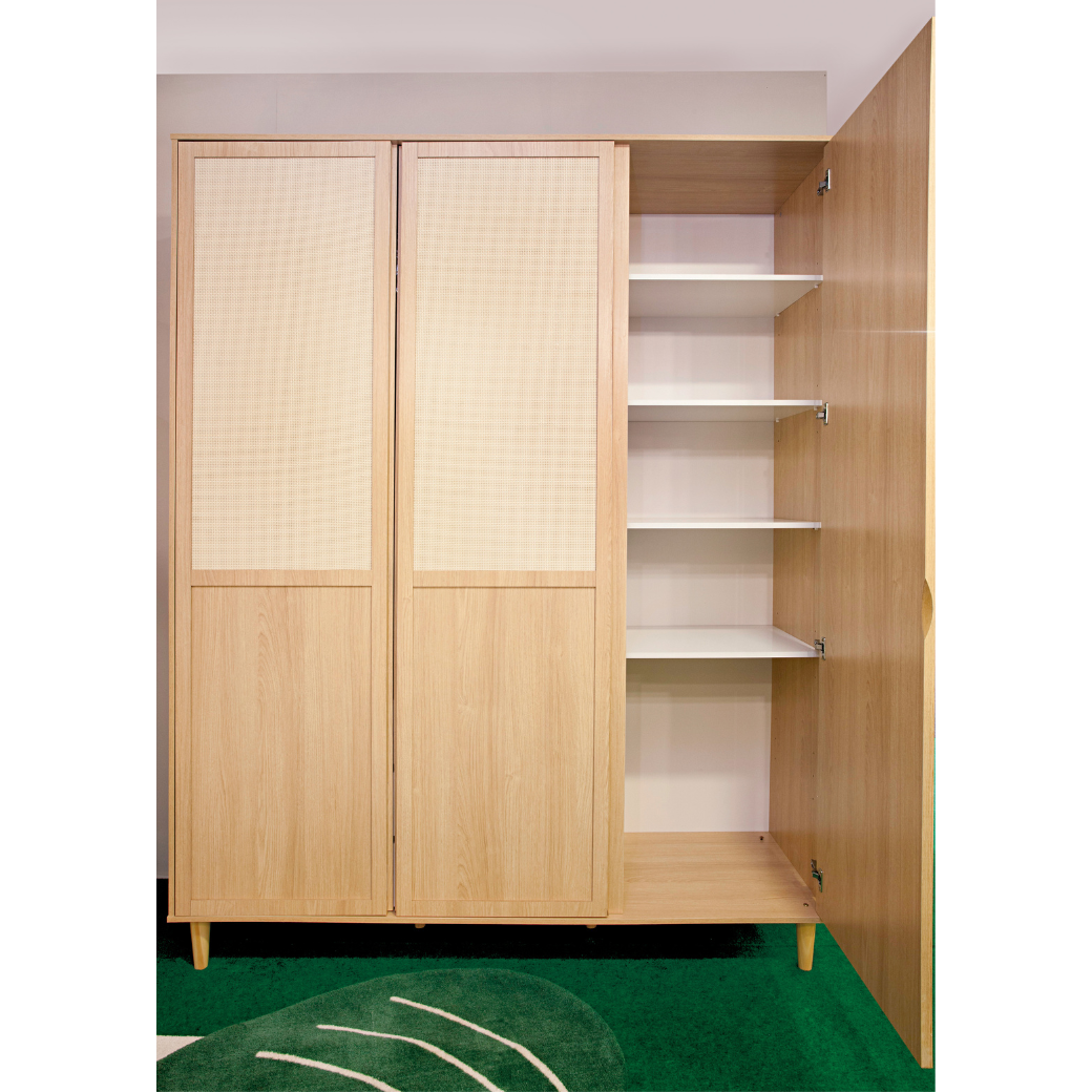 Conjunto Linha Paglia – Berço 2 em 1 em Madeira Pinus, Cômoda MDF com Palhinha e Guarda-Roupa 3 Portas