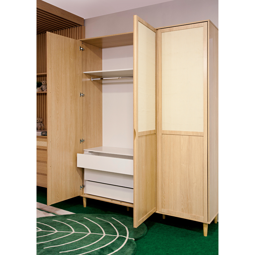 Conjunto Linha Paglia – Berço 2 em 1 em Madeira Pinus, Cômoda MDF com Palhinha e Guarda-Roupa 3 Portas