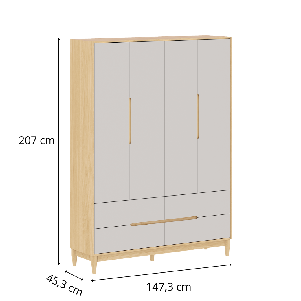 Guarda Roupa Infantil Tomi 4 Portas em MDF Cinza Fosco com Carvalho Malva – Design Minimalista