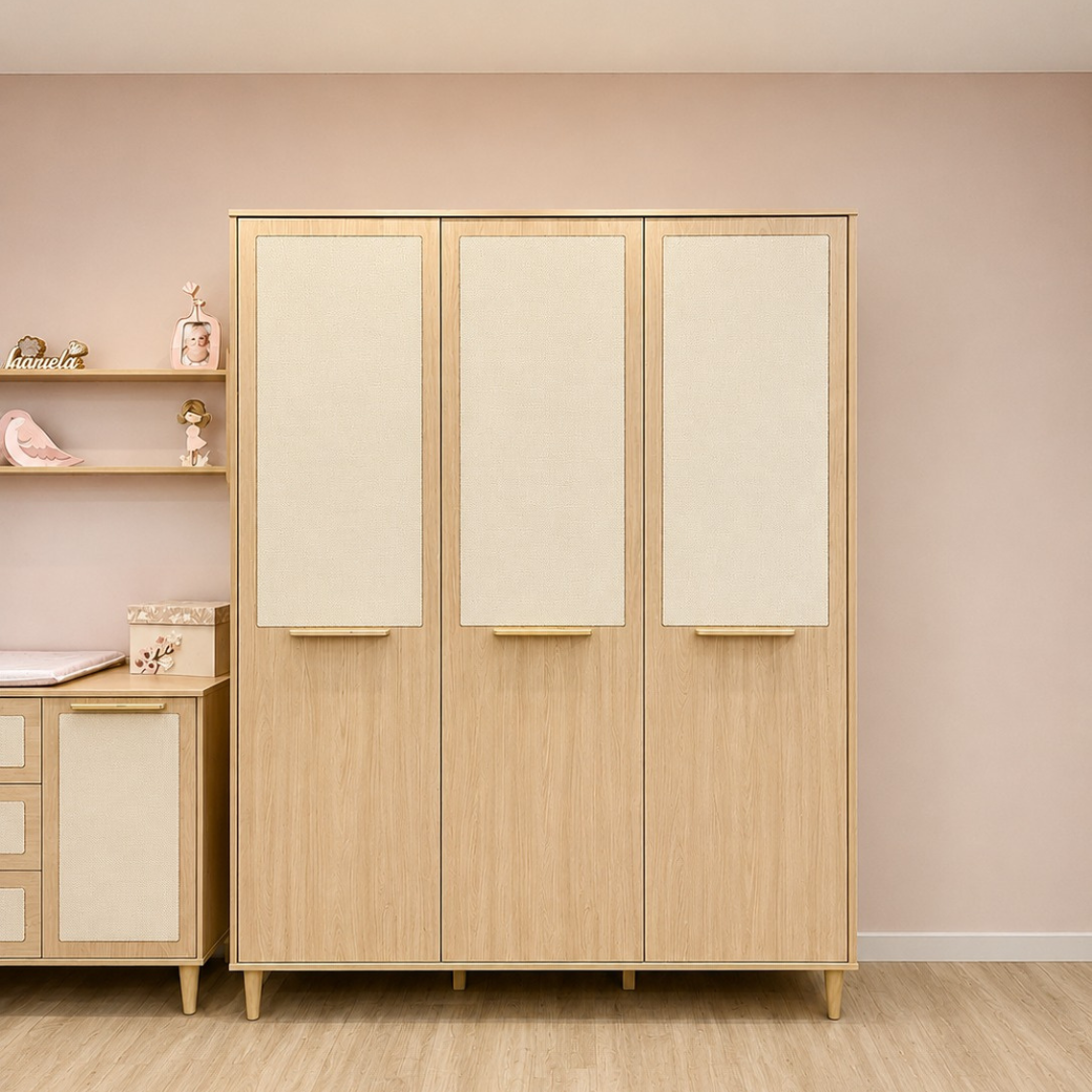 Guarda-Roupa Quater Paglia com 3 Portas e Palhinha Natural – Ideal para Quarto Infantil