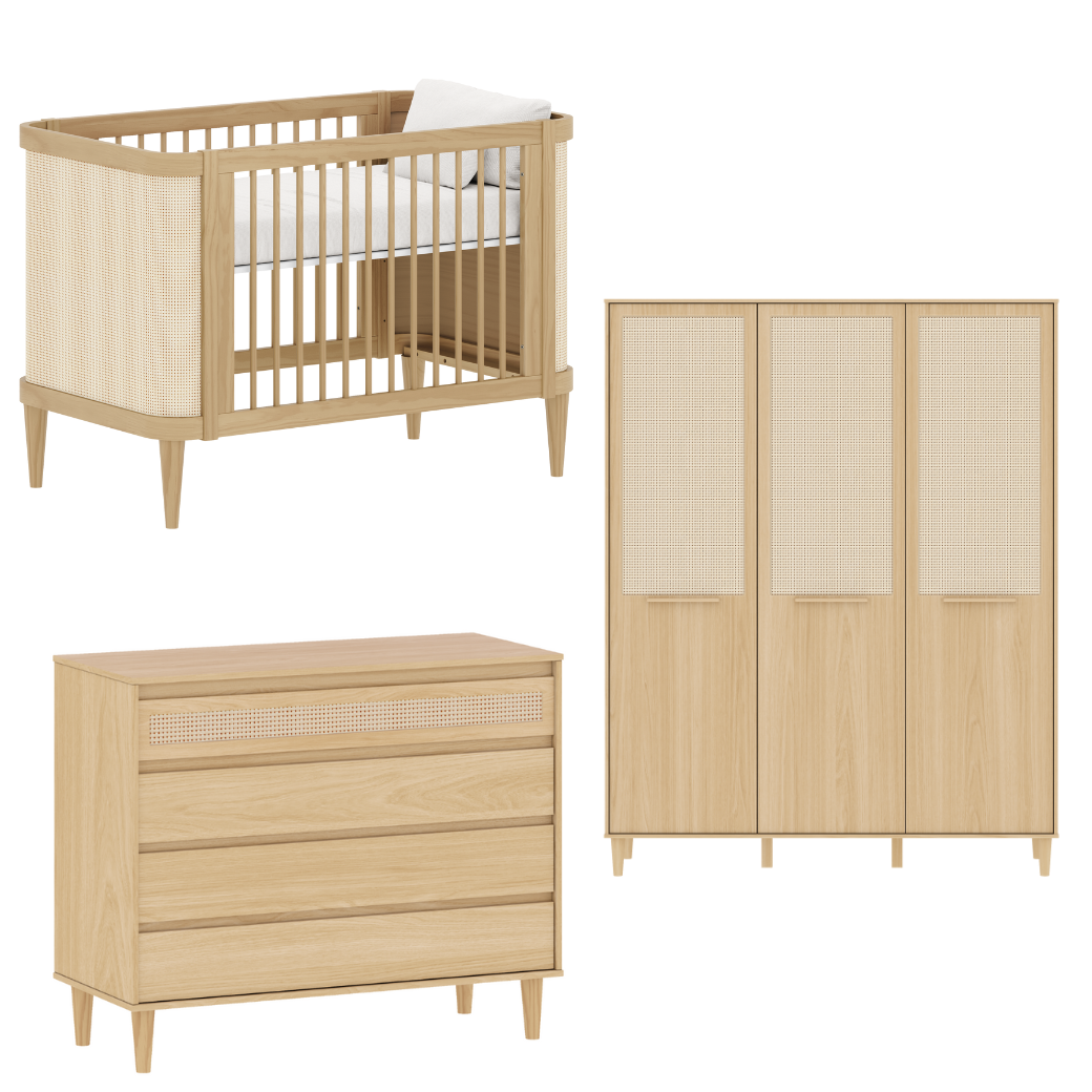 Conjunto Linha Paglia – Berço 2 em 1 em Madeira Pinus, Cômoda MDF com Palhinha e Guarda-Roupa 3 Portas
