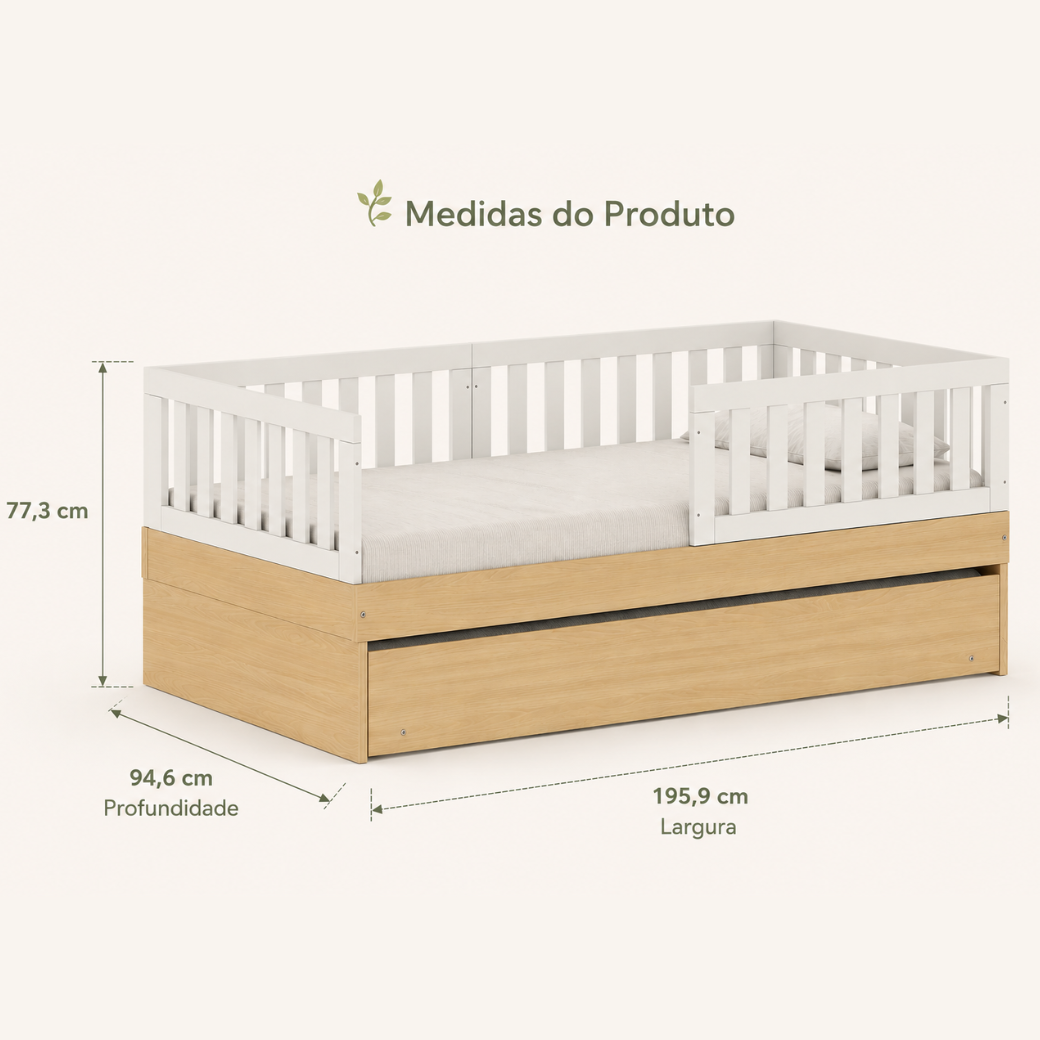 As medidas da Cama Evolutiva Linha Arcos foram cuidadosamente planejadas para garantir conforto, segurança e ótimo aproveitamento do espaço no quarto infantil.