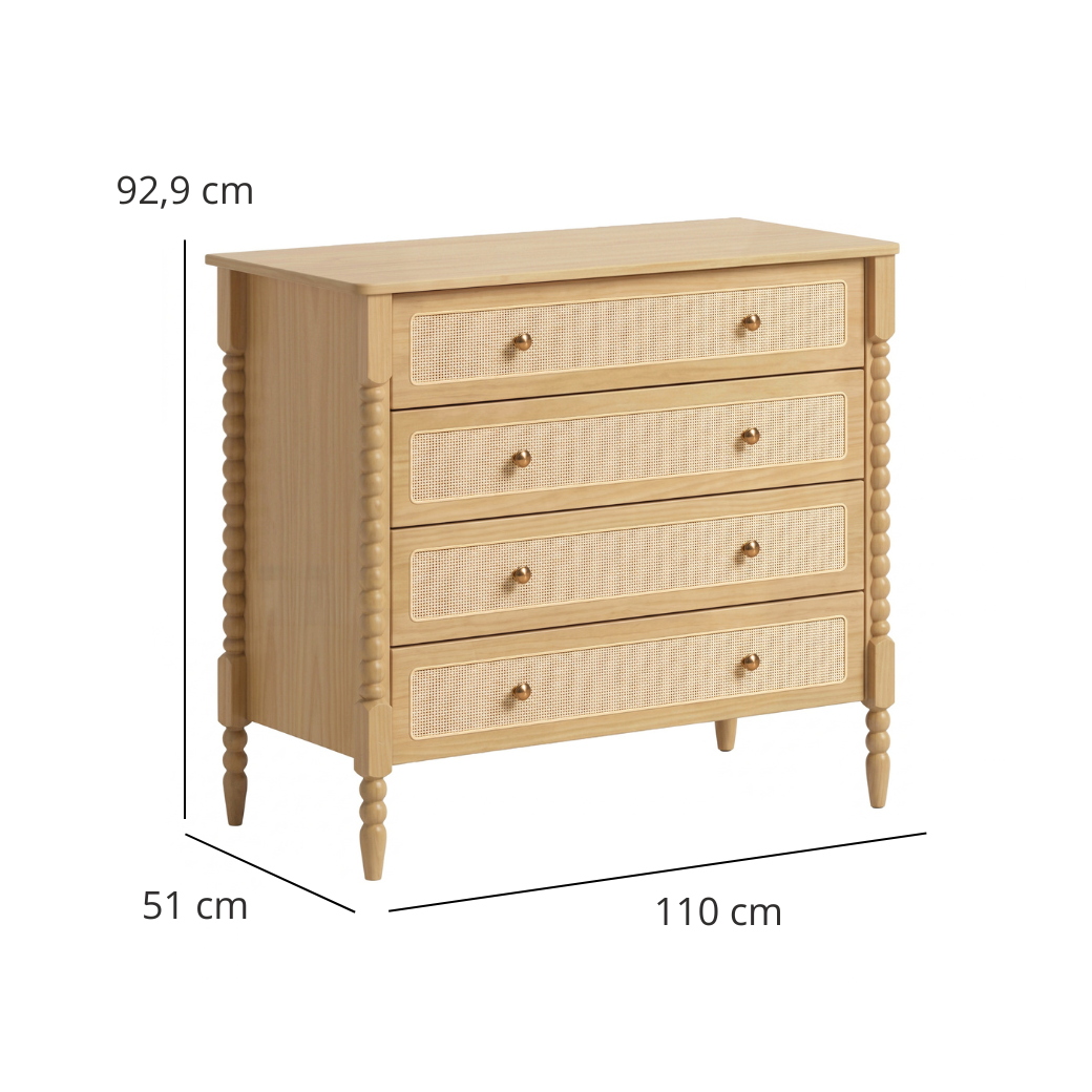 Cômoda 4 gavetas Madeira Maciça e Palha | Linha Solene
