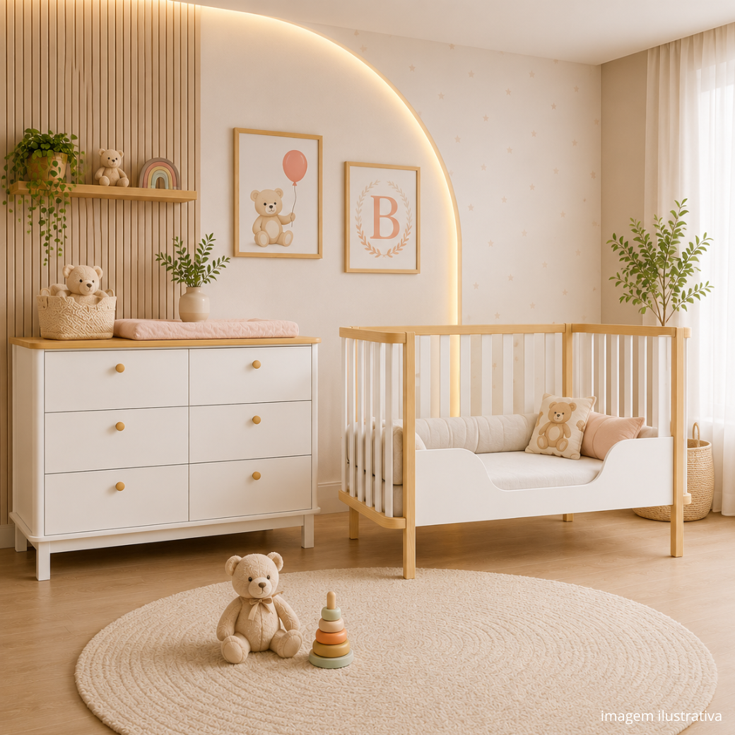 Conjunto para bebê com a mini cama da linha Softy, e a cômoda Cromo.