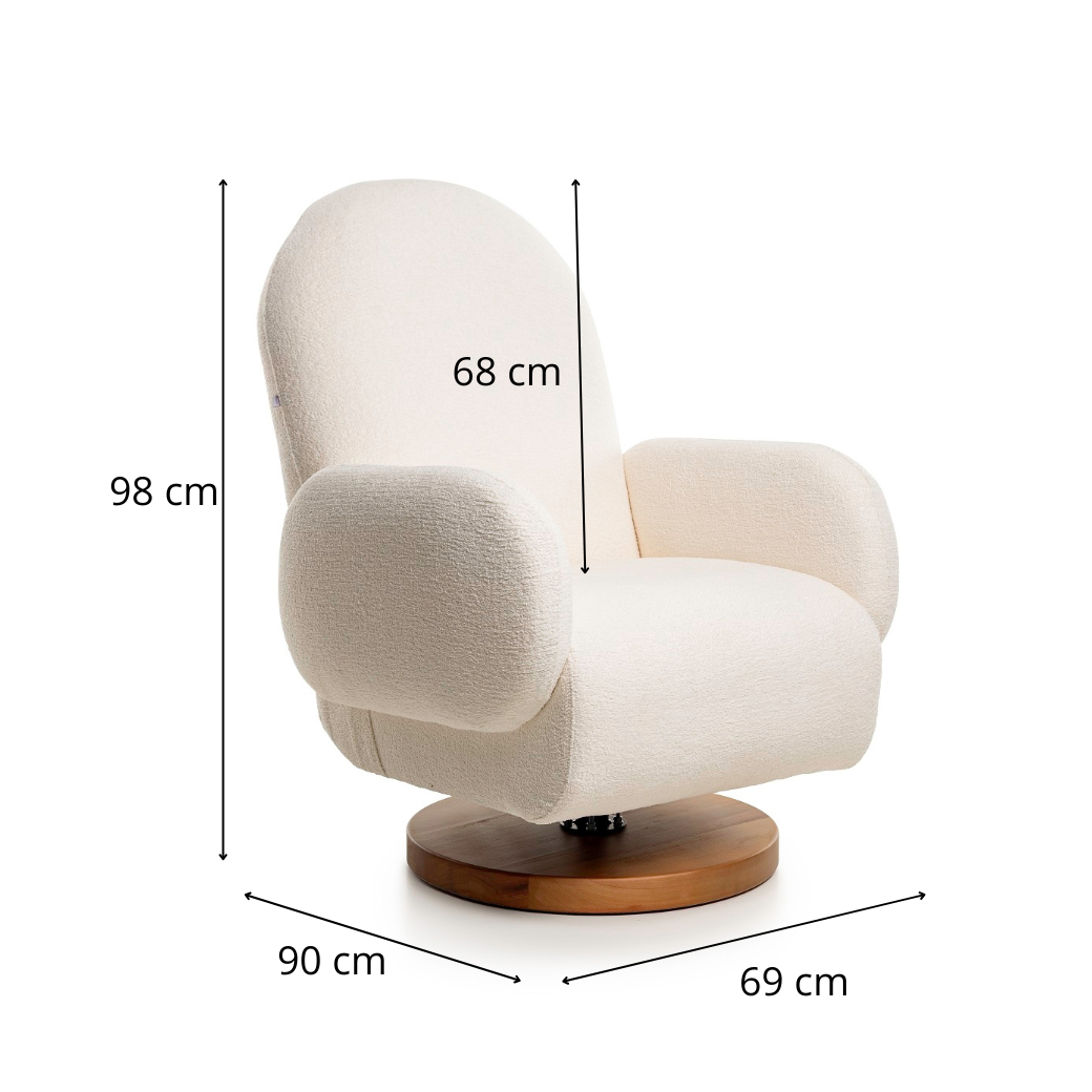  A poltrona tem encosto ergonômico, braços acolchoados e tecido bouclé macio oferecem uma experiência extremamente confortável, perfeita para relaxar, amamentar e embalar o bebê.
