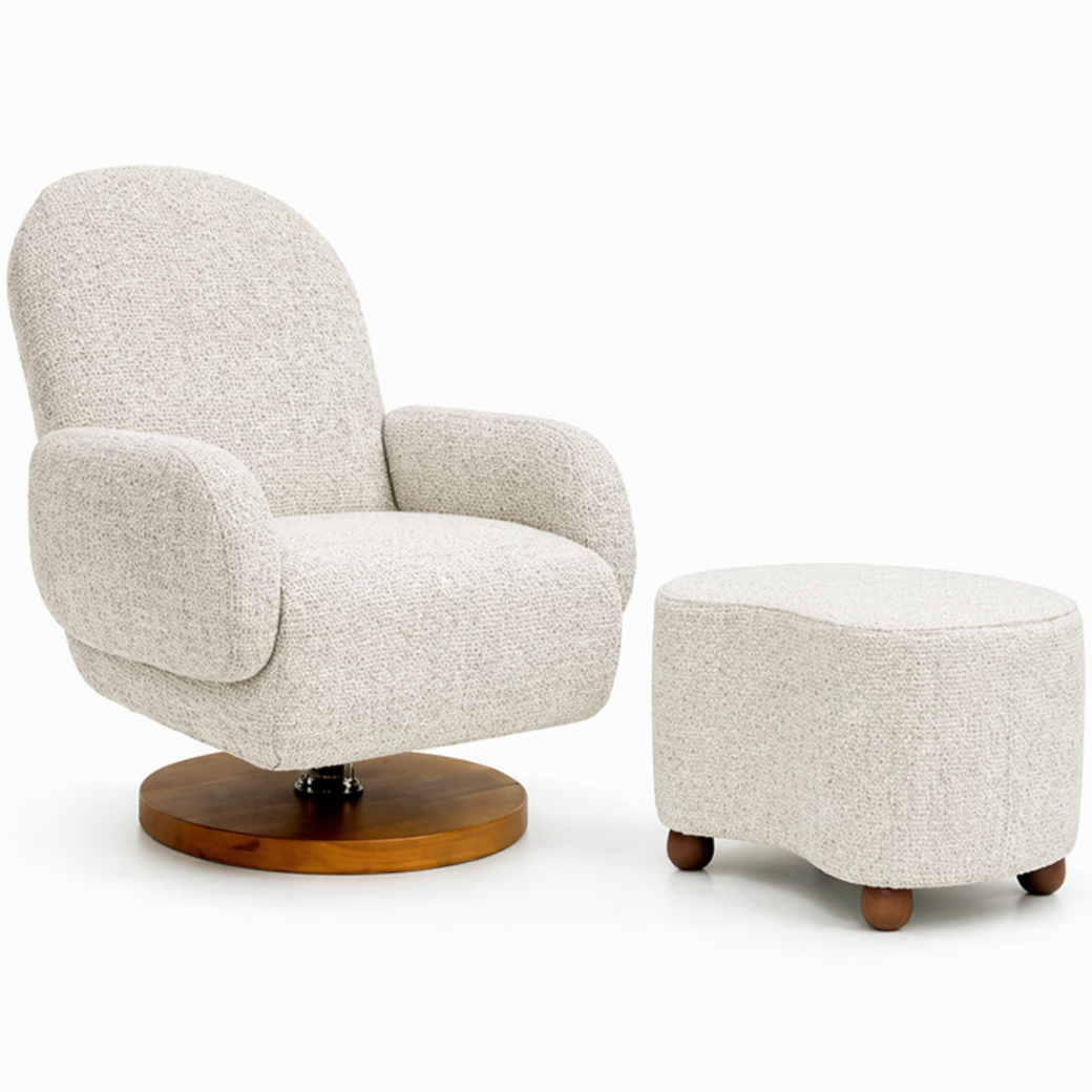 Poltrona com puff em linhão bege: design sofisticado, giro 360° e balanço suave. Conforto ideal para amamentar com elegância.