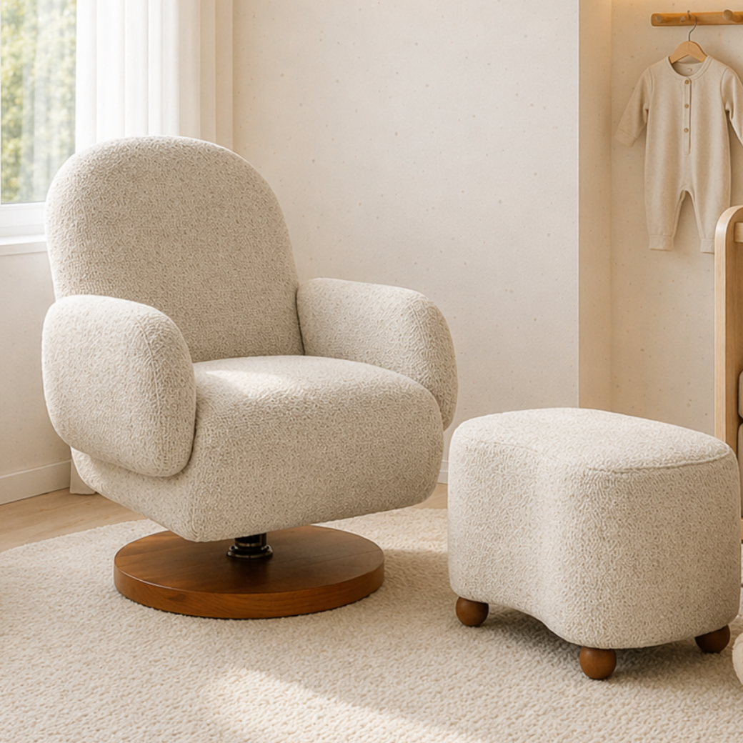 Poltrona de amamentação com puff em linhão bege. Giro 360°, balanço suave e máximo conforto para o quarto do bebê.