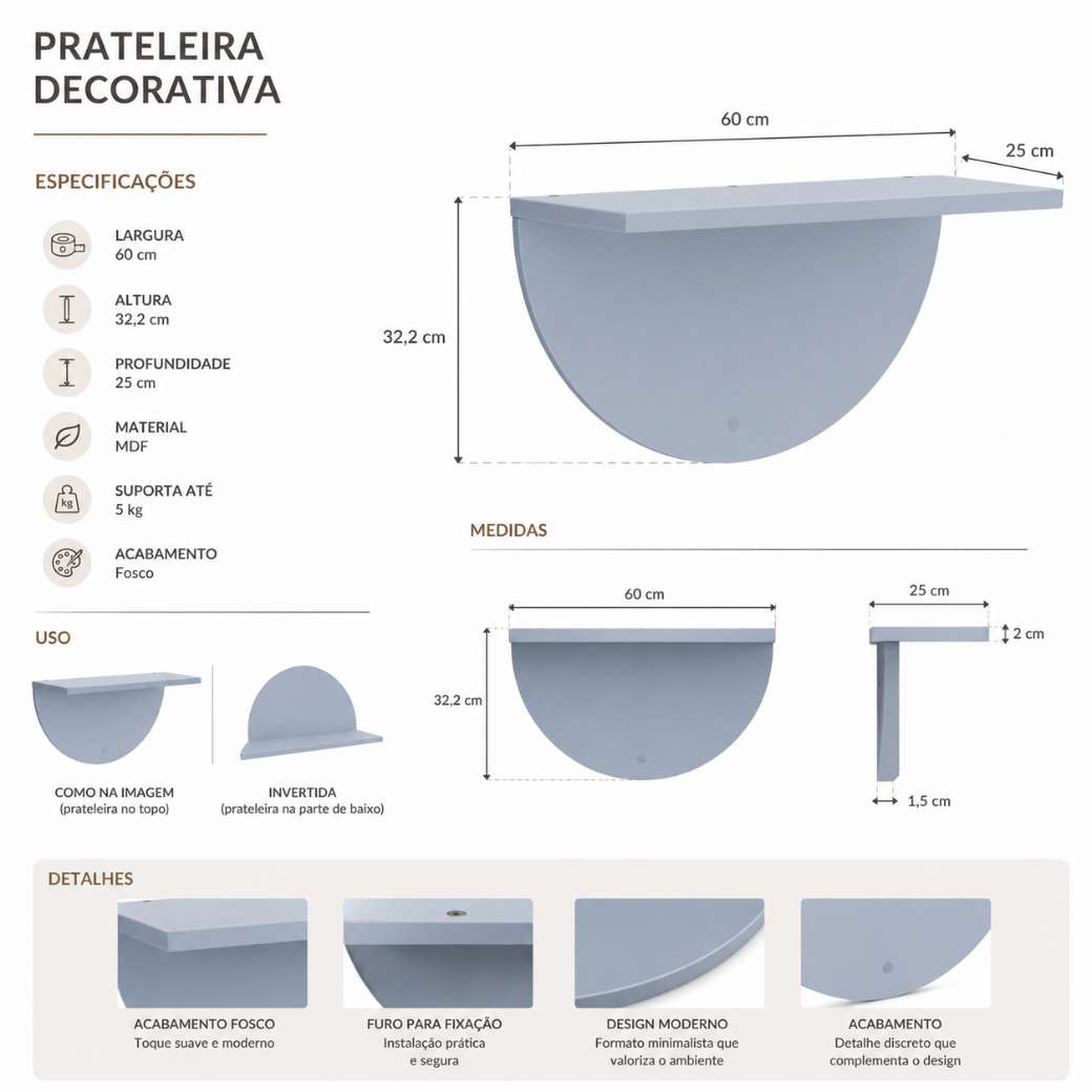 Prateleira 60 cm MDF Laqueado | Meia Lua