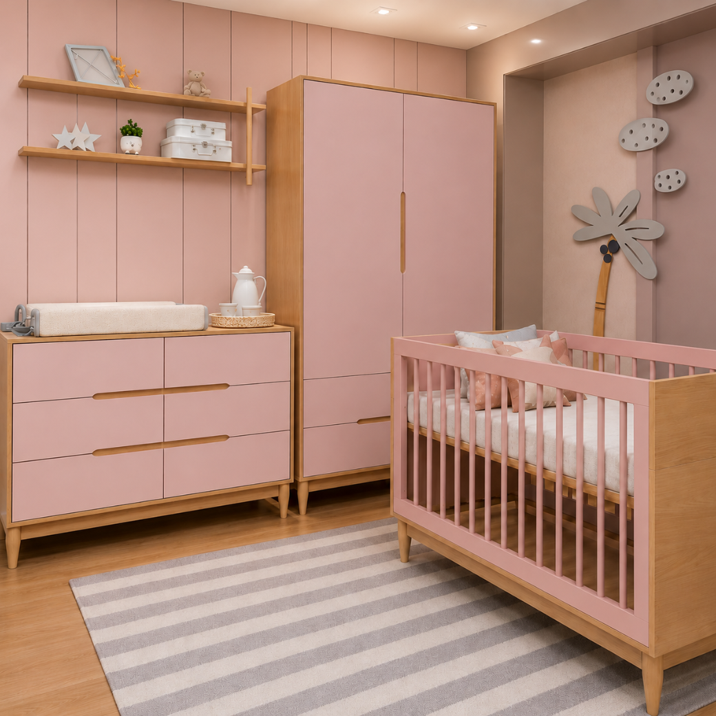 Quarto Completo Berço Cômoda e Guarda Roupa | Cinza Rosa ou Branco com Carvalho Malva