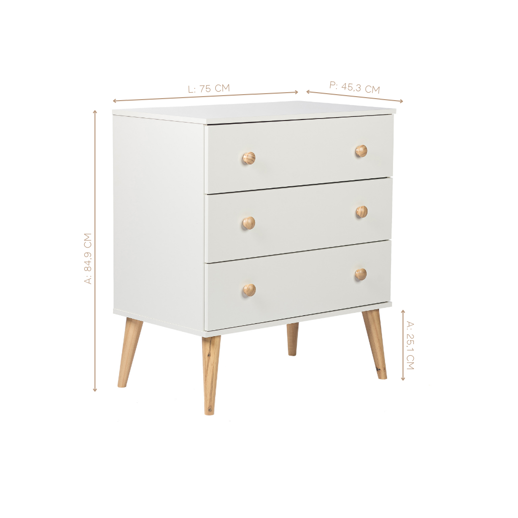 Cômoda para Quarto de bebê Retrô 3 gavetas Puxador Redondo