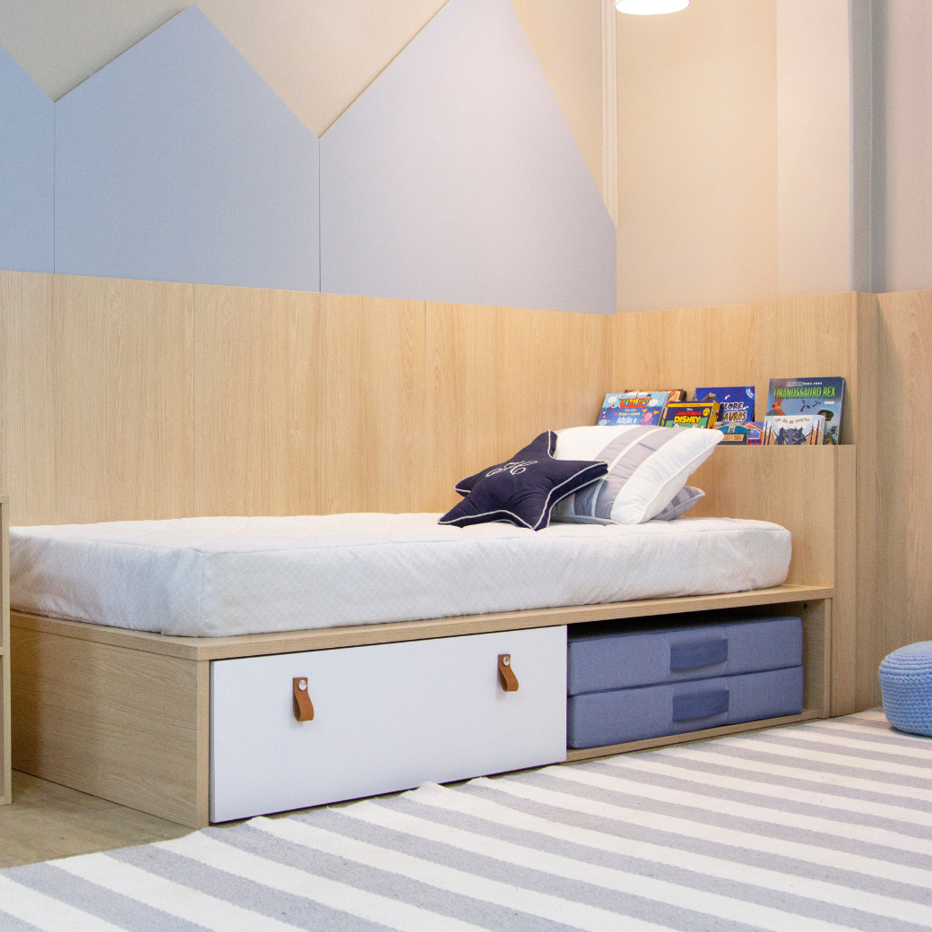 Cama com Gaveta Proteção Lateral e Cabeceira porta Livros Linha Join
