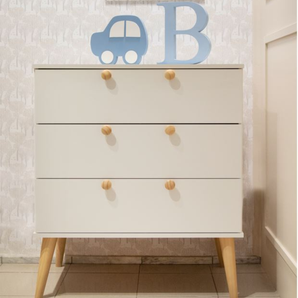 Cômoda para Quarto de bebê Retrô 3 gavetas Puxador Redondo