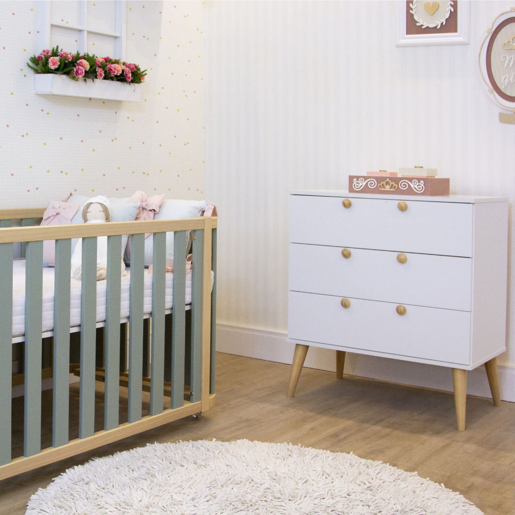 Cômoda para Quarto de bebê Retrô 3 gavetas Puxador Redondo